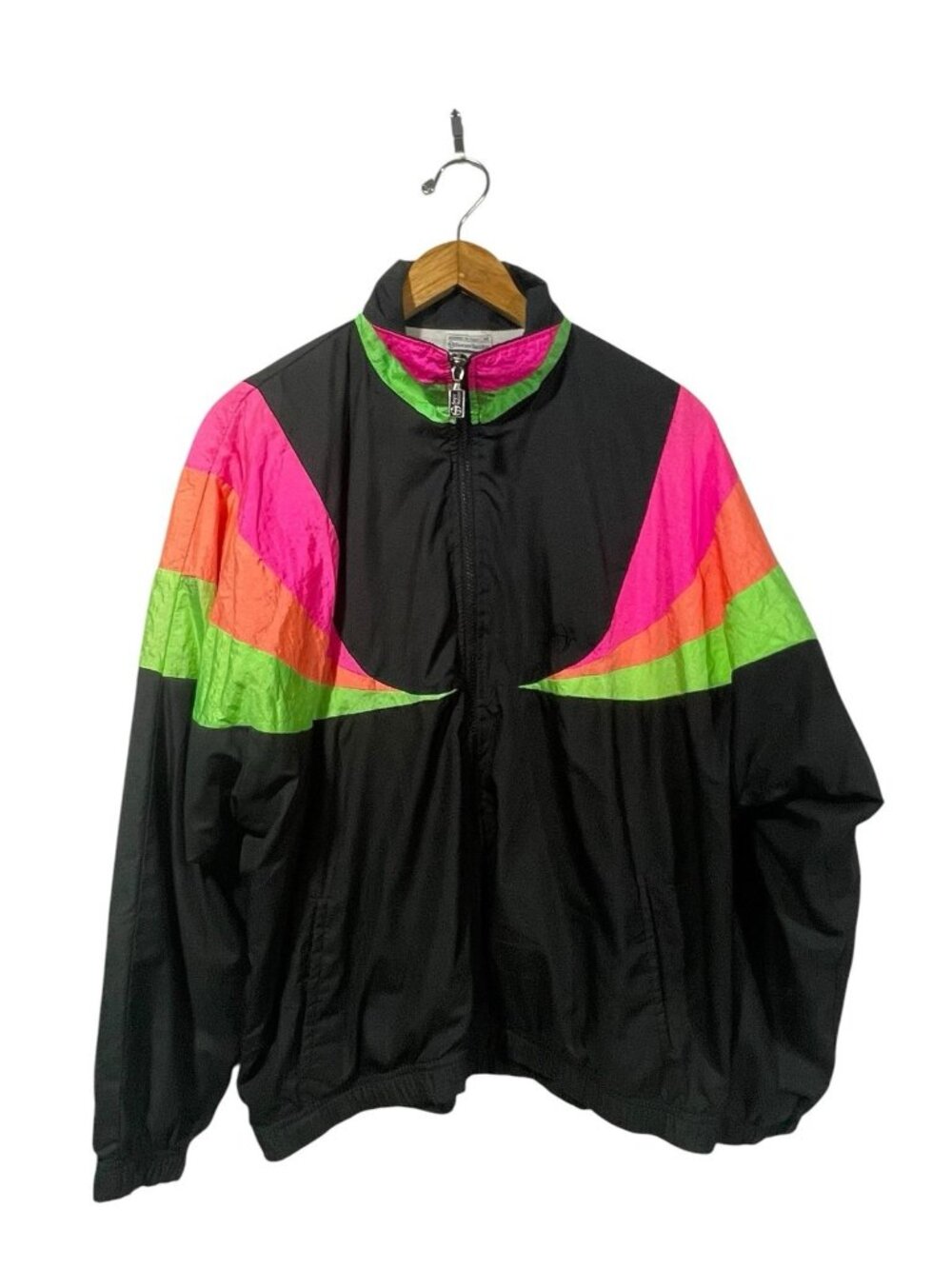 Vtg 80s Sergio Tacchini Womens L Windbreaker Track Jacket Black Neon Colorblock